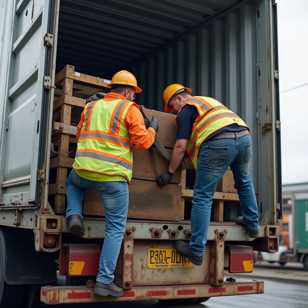 Two workers in safety vests and hard hats loading pallets into a cargo container.