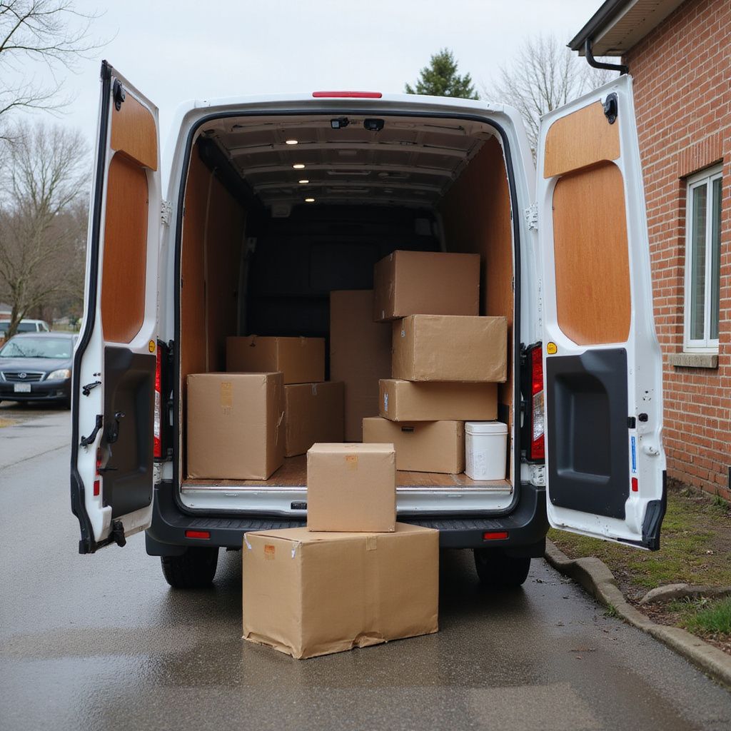 White cargo van with open doors, loaded with cardboard boxes on a street, next to a brick building.