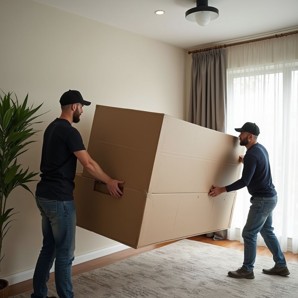 Two men carrying a large cardboard box in a room with a rug, curtains, and a plant.