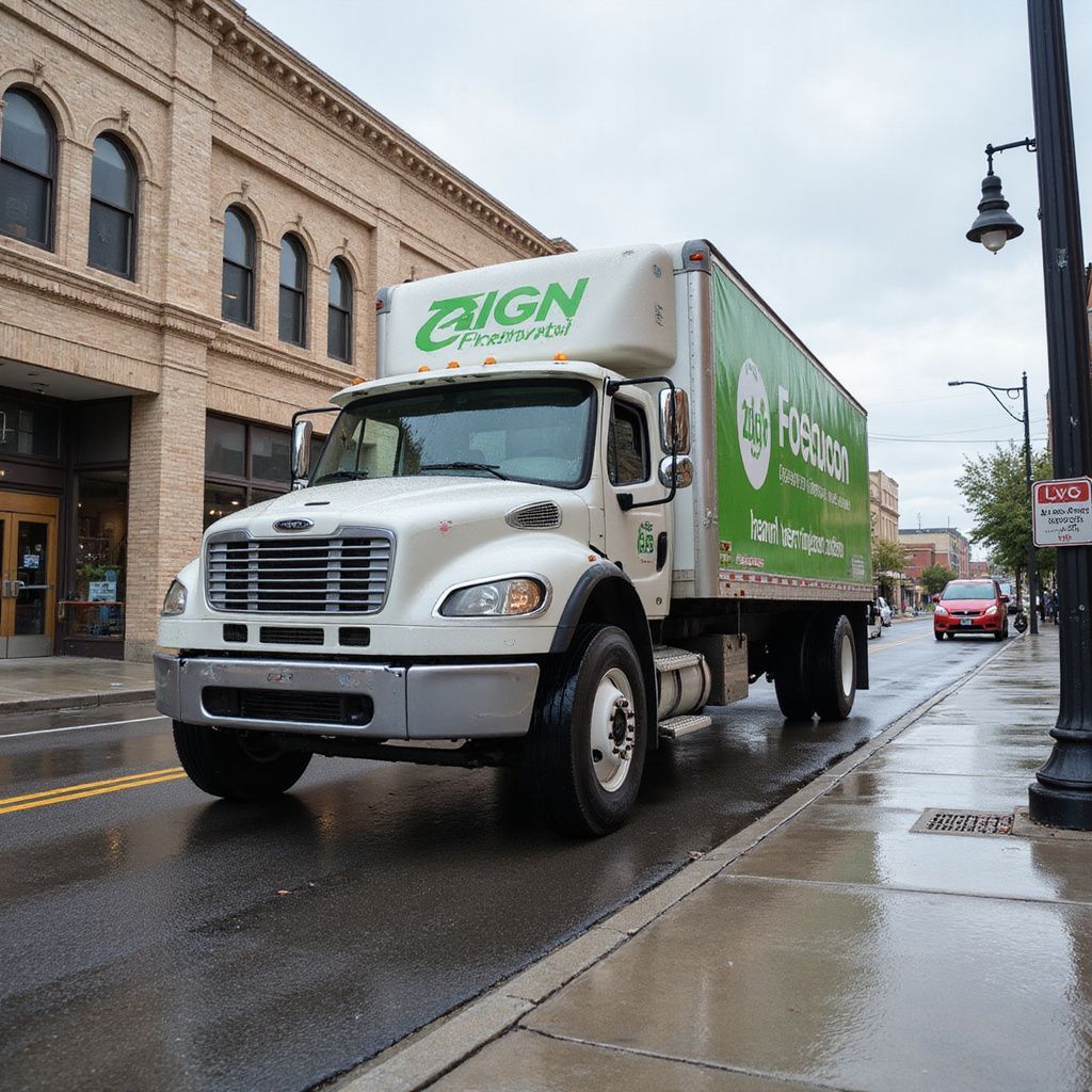 White SIGN freight truck on city street, green logo, box truck design. Wet pavement, historic brick buildings.