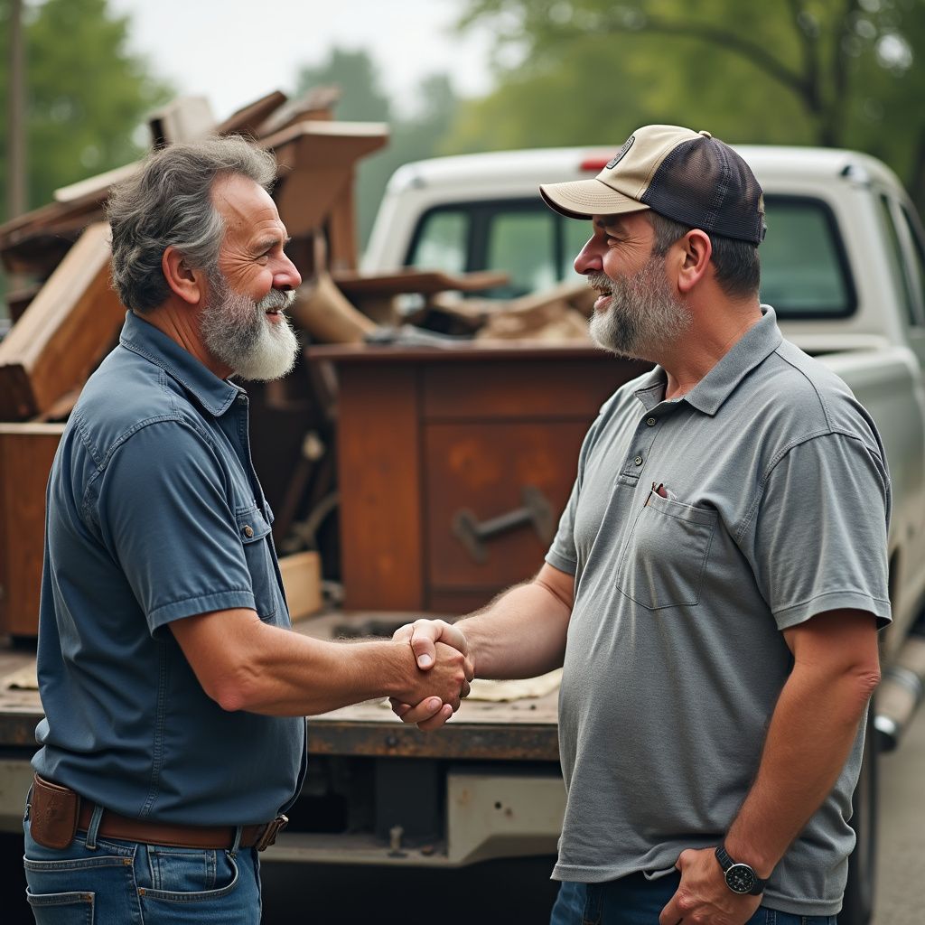 Family poses in front of a yellow moving truck. The couple wears matching shirts and the man holds a baby.