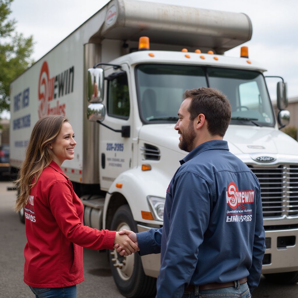 Woman and man shaking hands in front of a white moving truck. The man wears blue, the woman red.