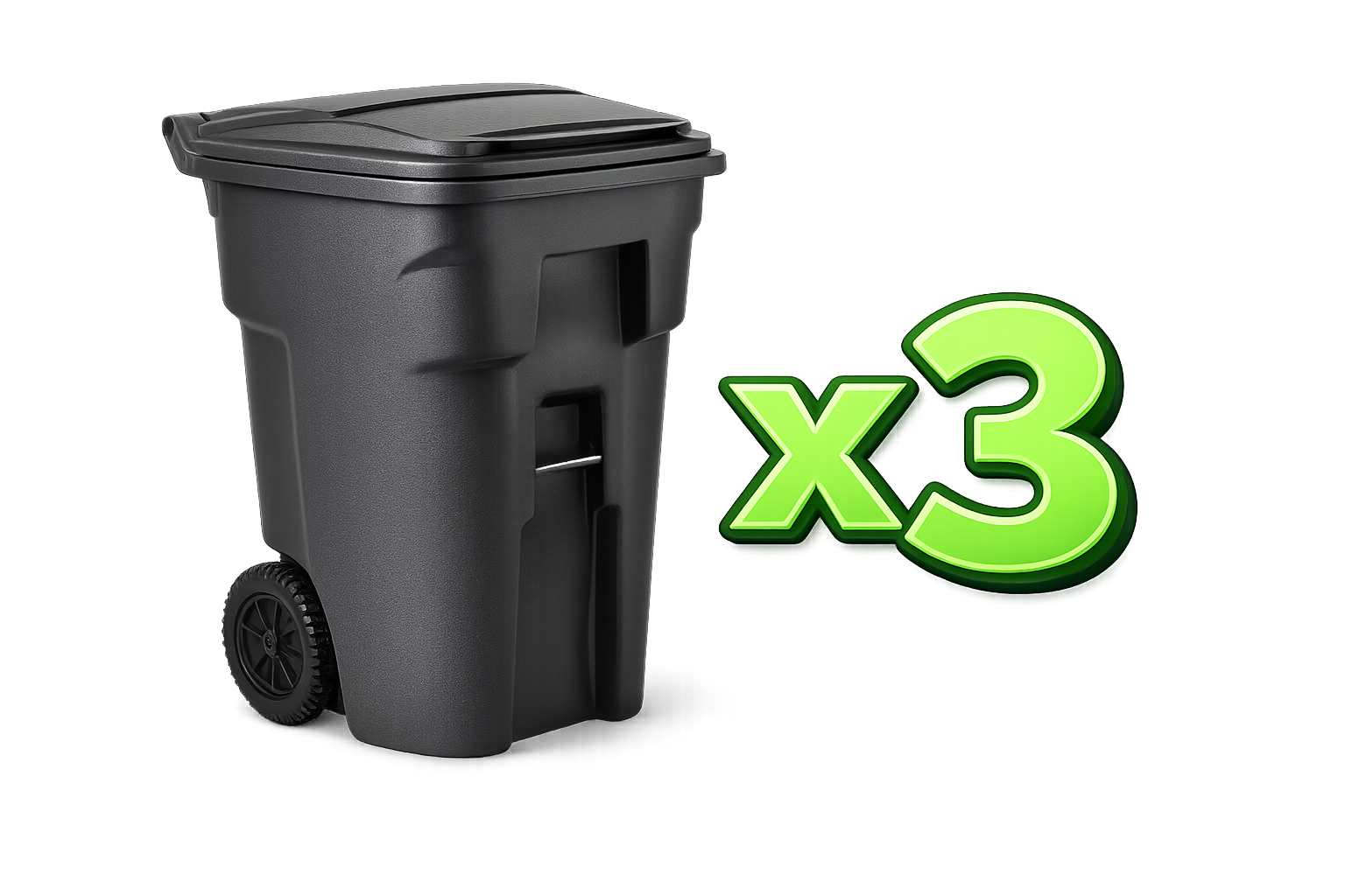 Black trash bin with wheels, multiplied by three, in front of a white background.