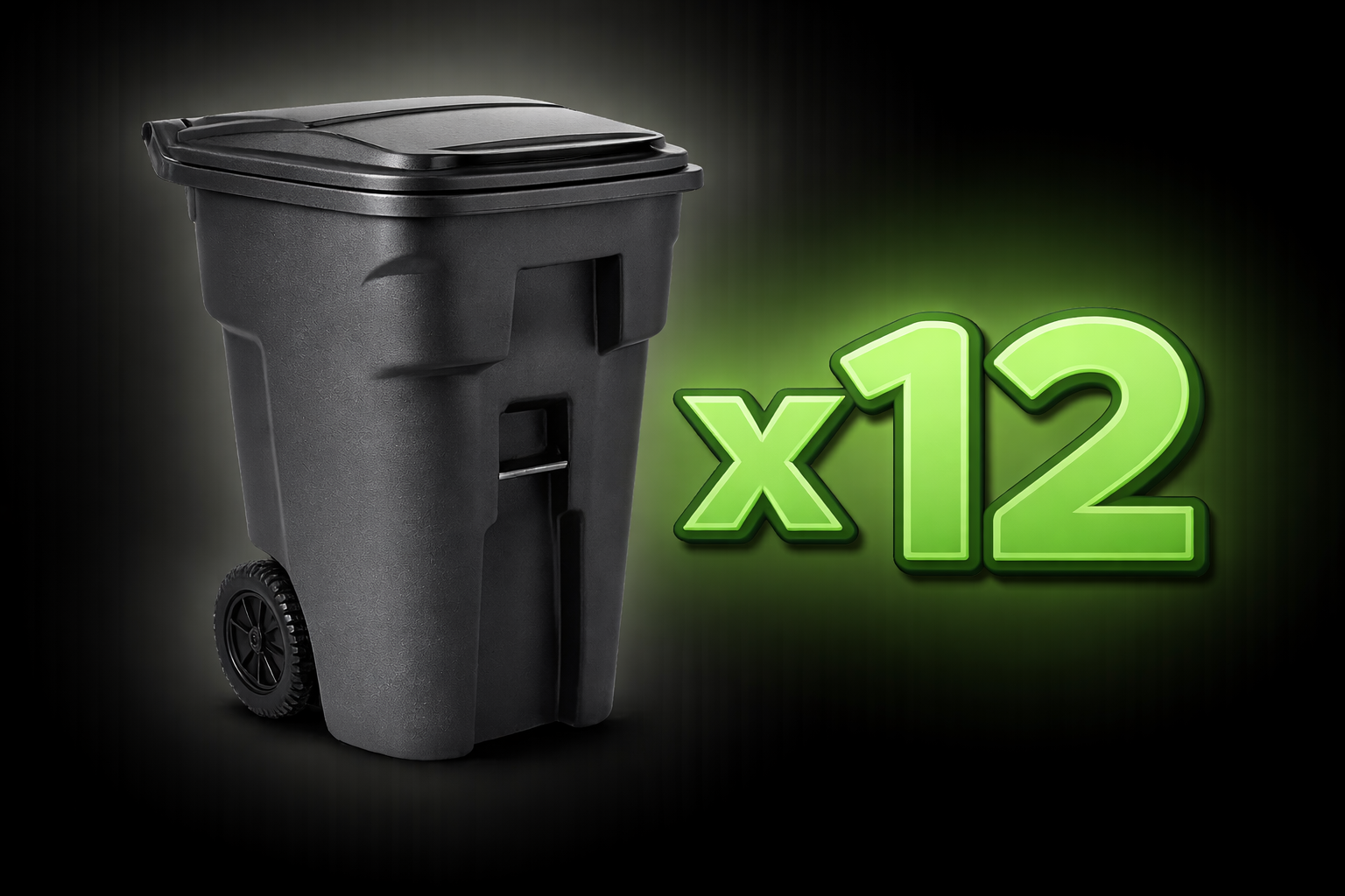 Black trash can with a wheel, multiplied by twelve, in green.