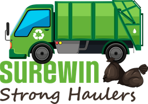 Green garbage truck with logo "Surewin Strong Haulers," next to two black trash bags.