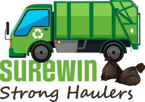 Green garbage truck with logo "Surewin Strong Haulers," next to two black trash bags.