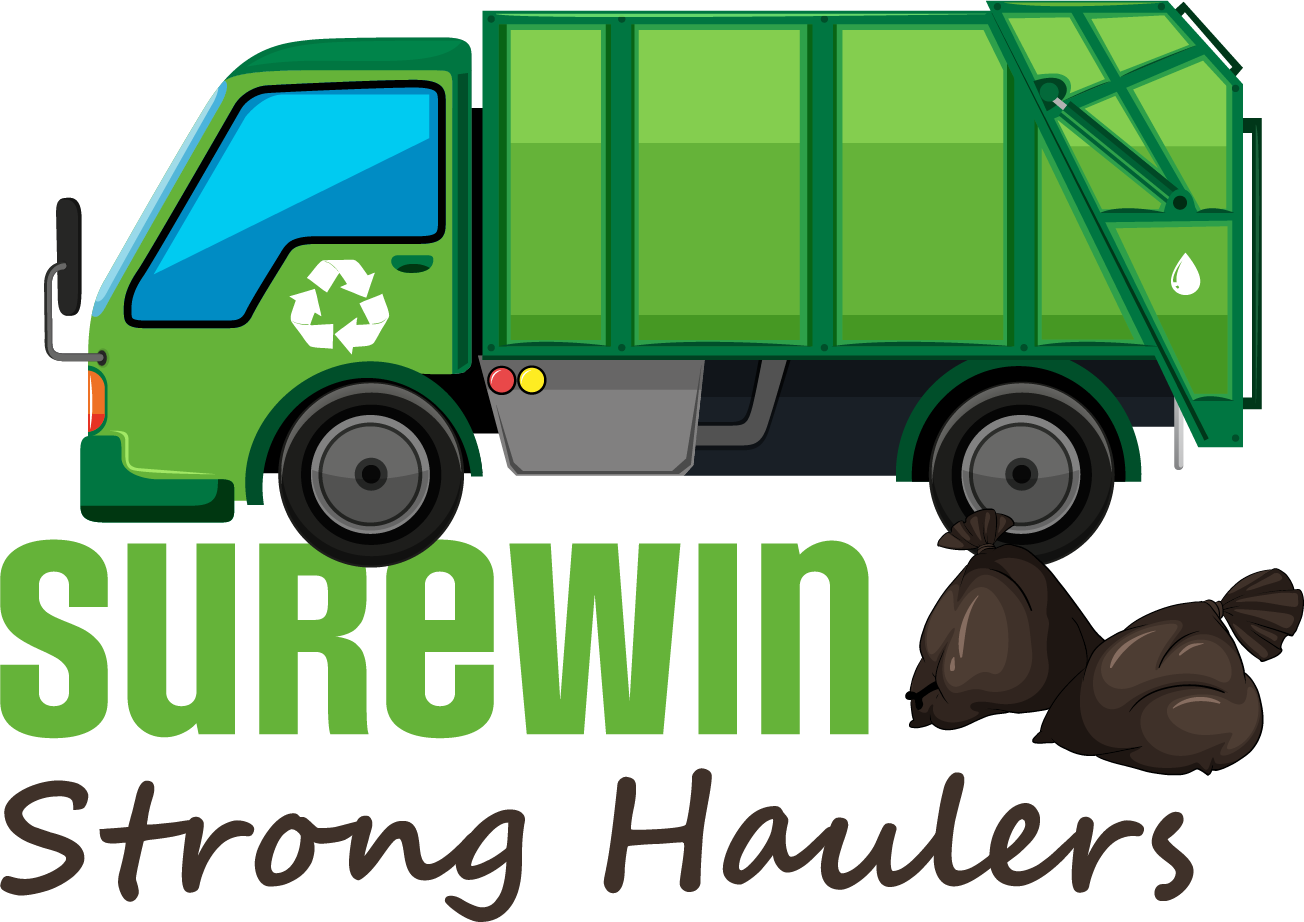 Green garbage truck with logo "Surewin Strong Haulers," next to two black trash bags.