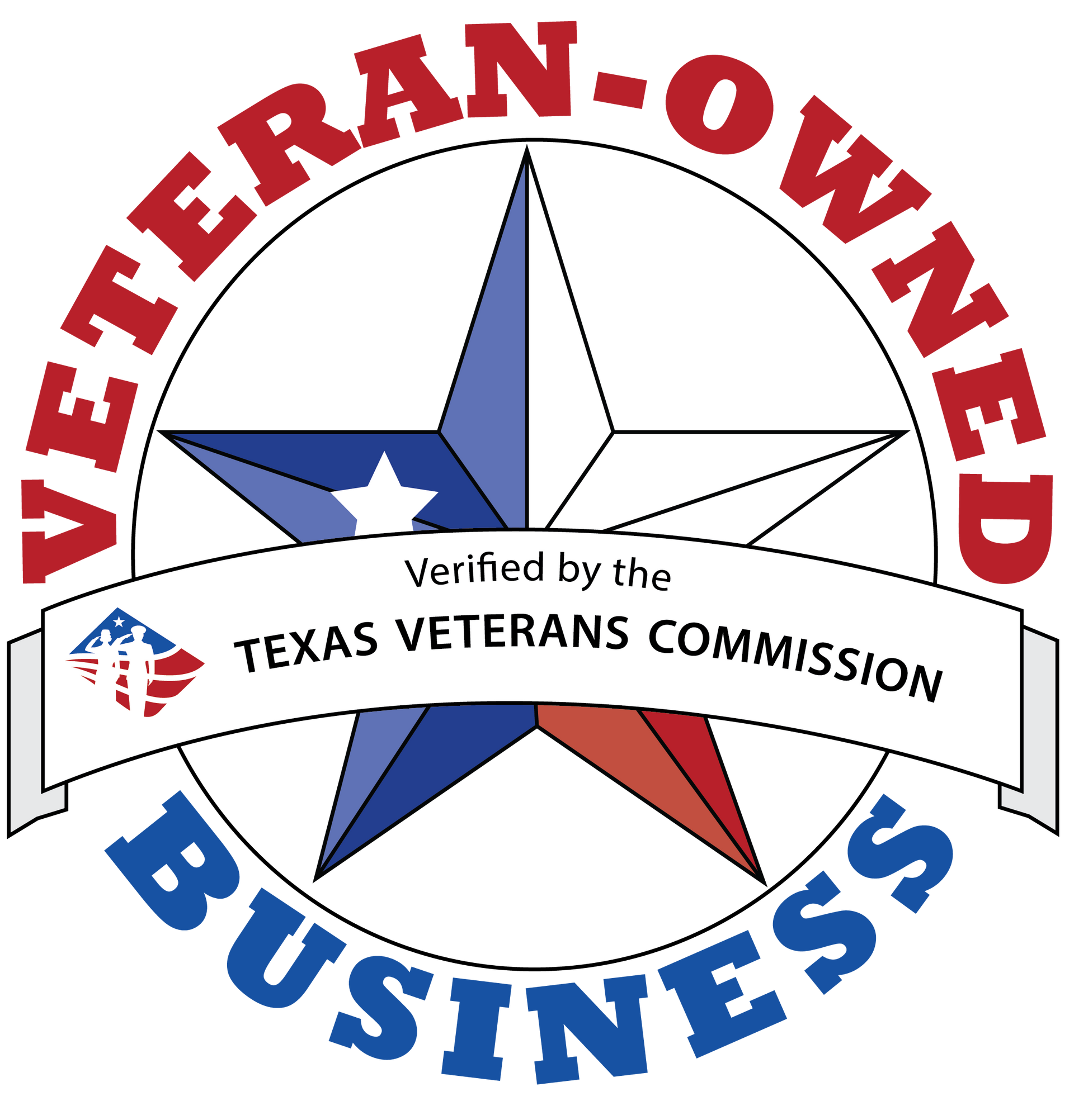 Veteran-owned business seal. Texas Veterans Commission verified. 