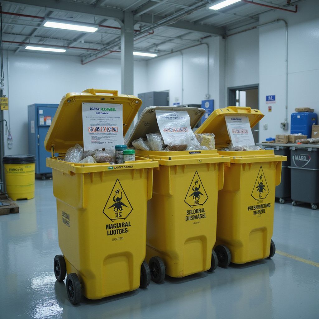 Three yellow waste bins with open lids in a warehouse. Each has a biohazard symbol and wheels.