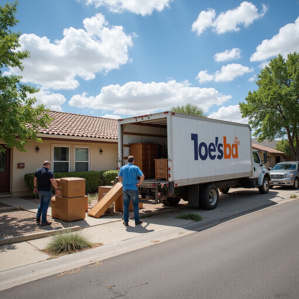 Two men loading boxes into a moving truck labeled 