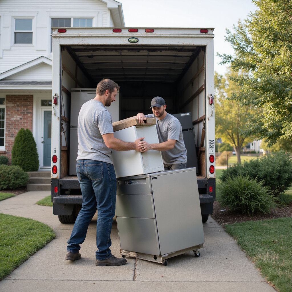 Two men loading boxes and appliances into a moving truck parked on a driveway in front of a house.