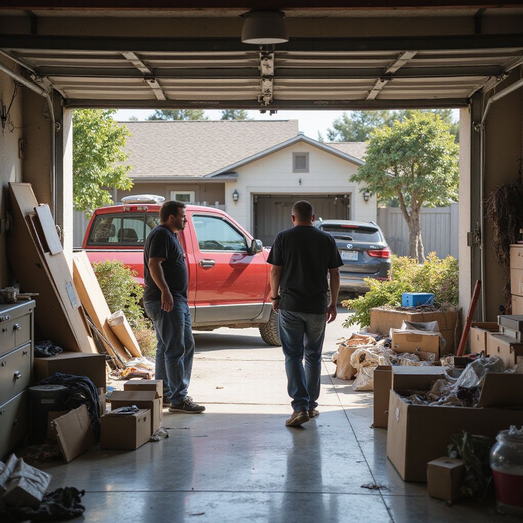 Two men standing in a garage, looking toward a house; red truck, boxes, and miscellaneous items scattered.