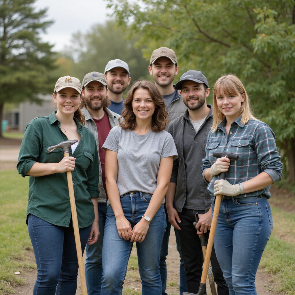 Group of people holding tools, smiling, standing outdoors, trees in background.