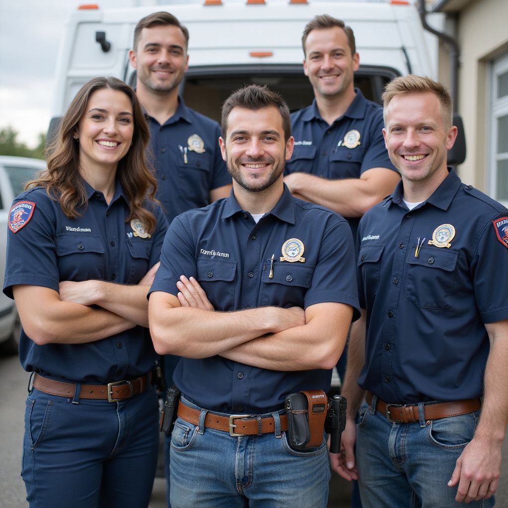 Five people in matching blue uniforms stand in front of a van, smiling with arms crossed.
