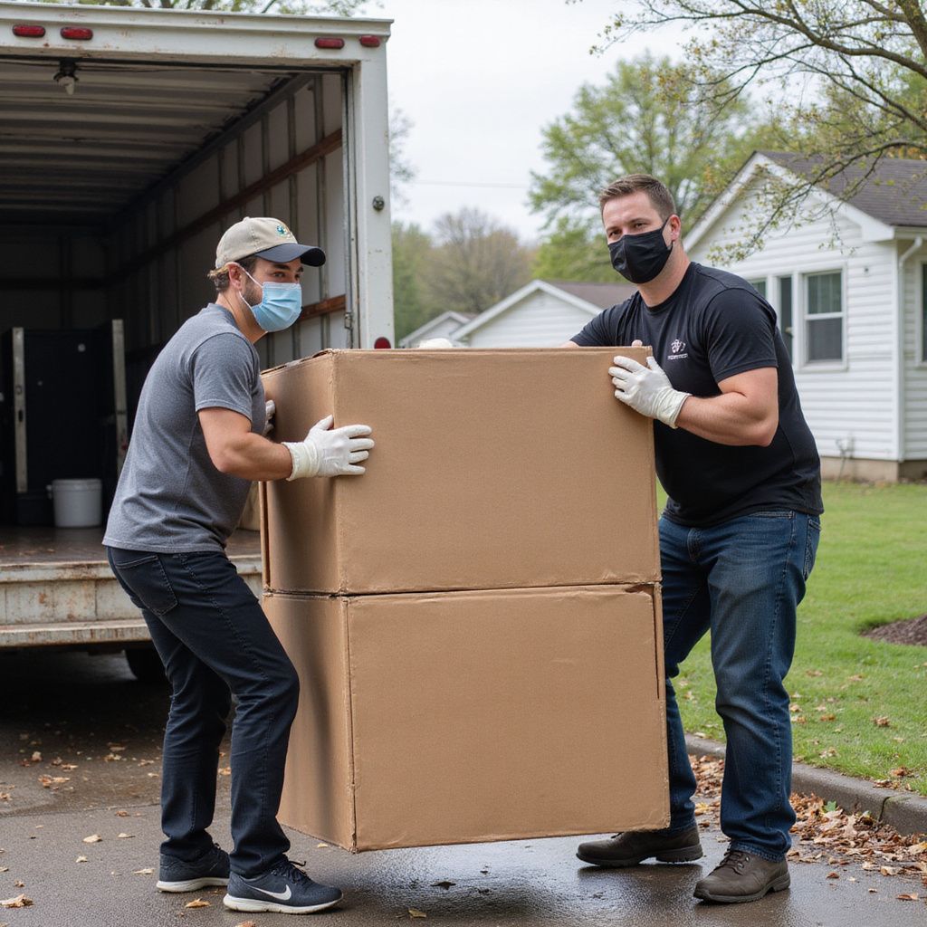 Two people wearing masks and gloves lift stacked cardboard boxes from a truck.