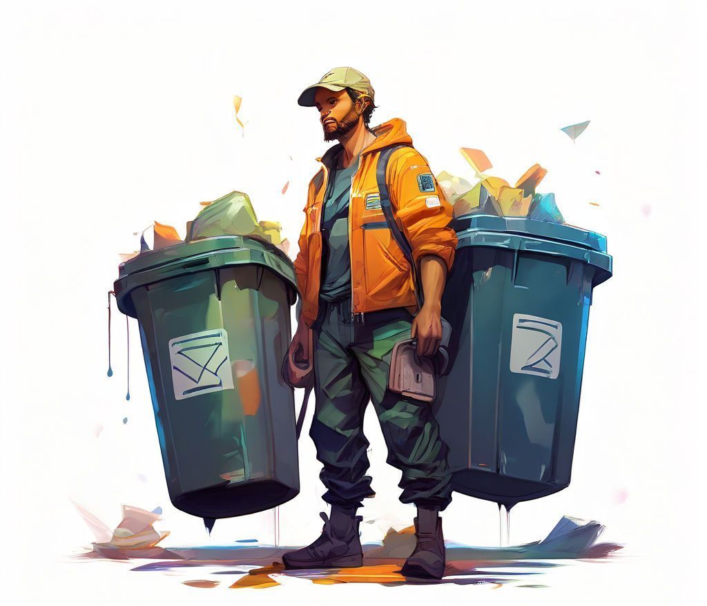 Man with orange jacket stands with two full green trash bins, possibly collecting trash.