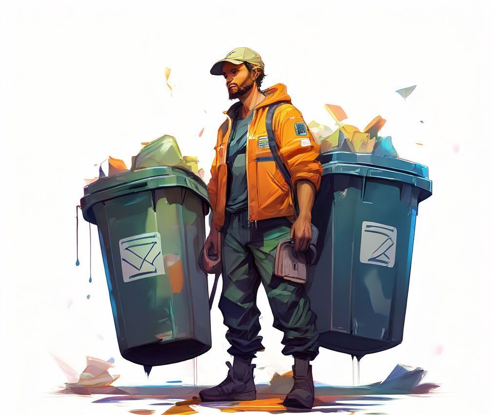 Man with two full trash cans. He wears orange jacket, cap and stands on a white background.