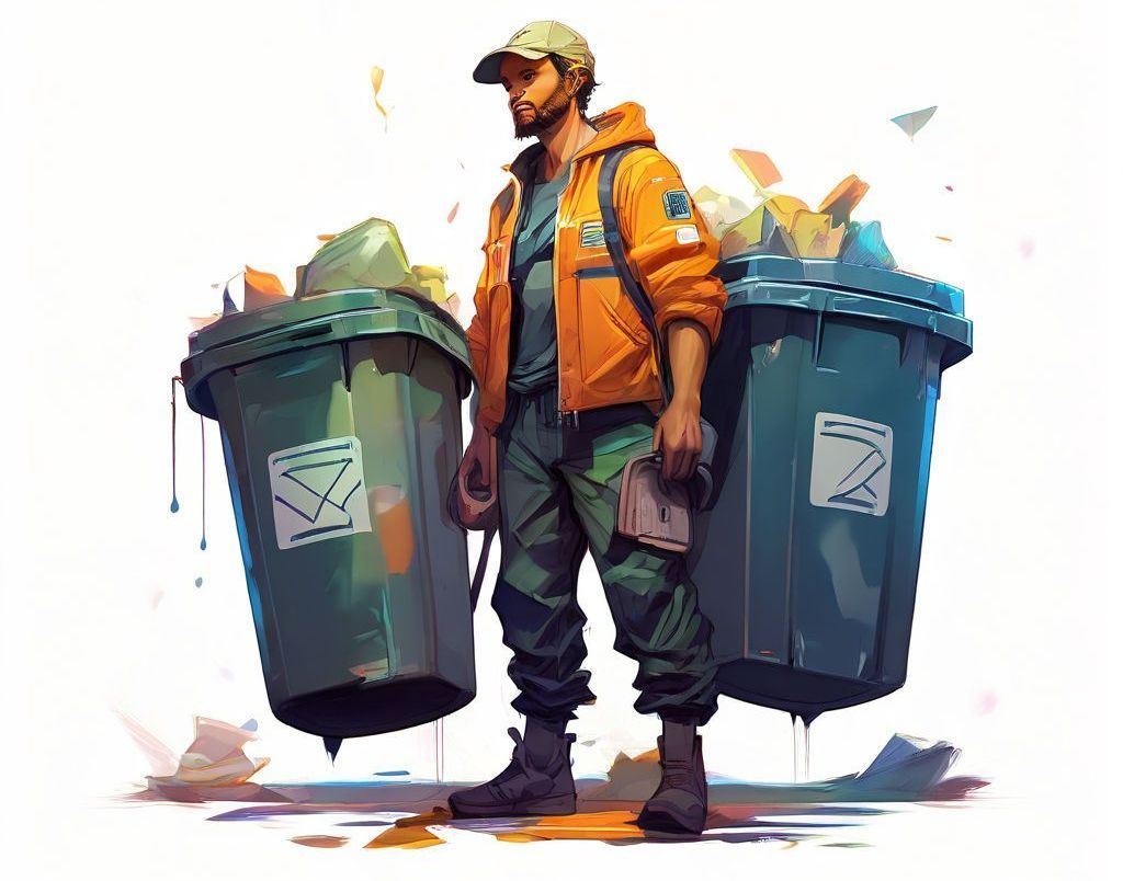 Man in orange jacket stands between two overflowing trash bins.