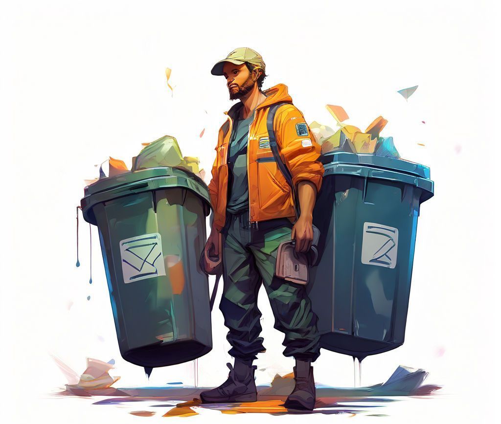 A person in an orange jacket carries two full trash bins, standing in front of white backdrop.