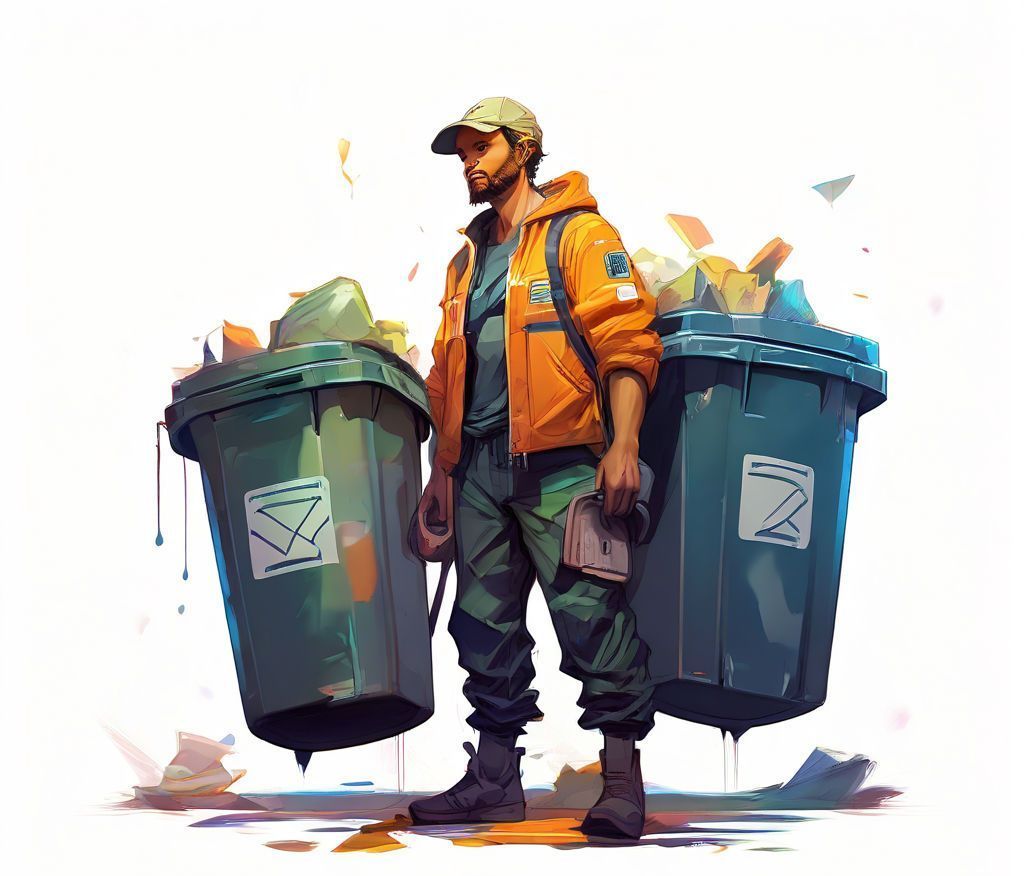 Man standing with two full green trash bins; wearing orange jacket and green pants, with a neutral expression.