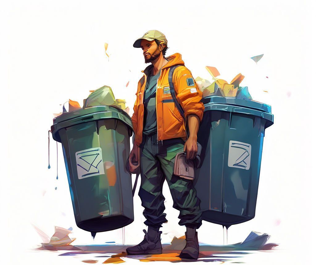 A person in an orange jacket stands between two overflowing trash bins.