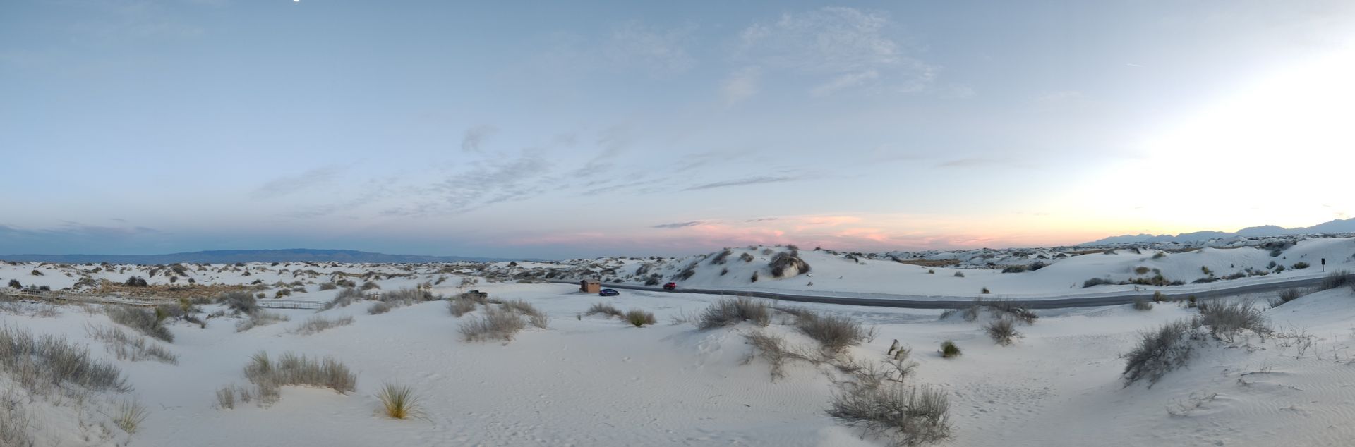 Panoramic view of white sand dunes under a blue and pink sky, with sparse desert vegetation.