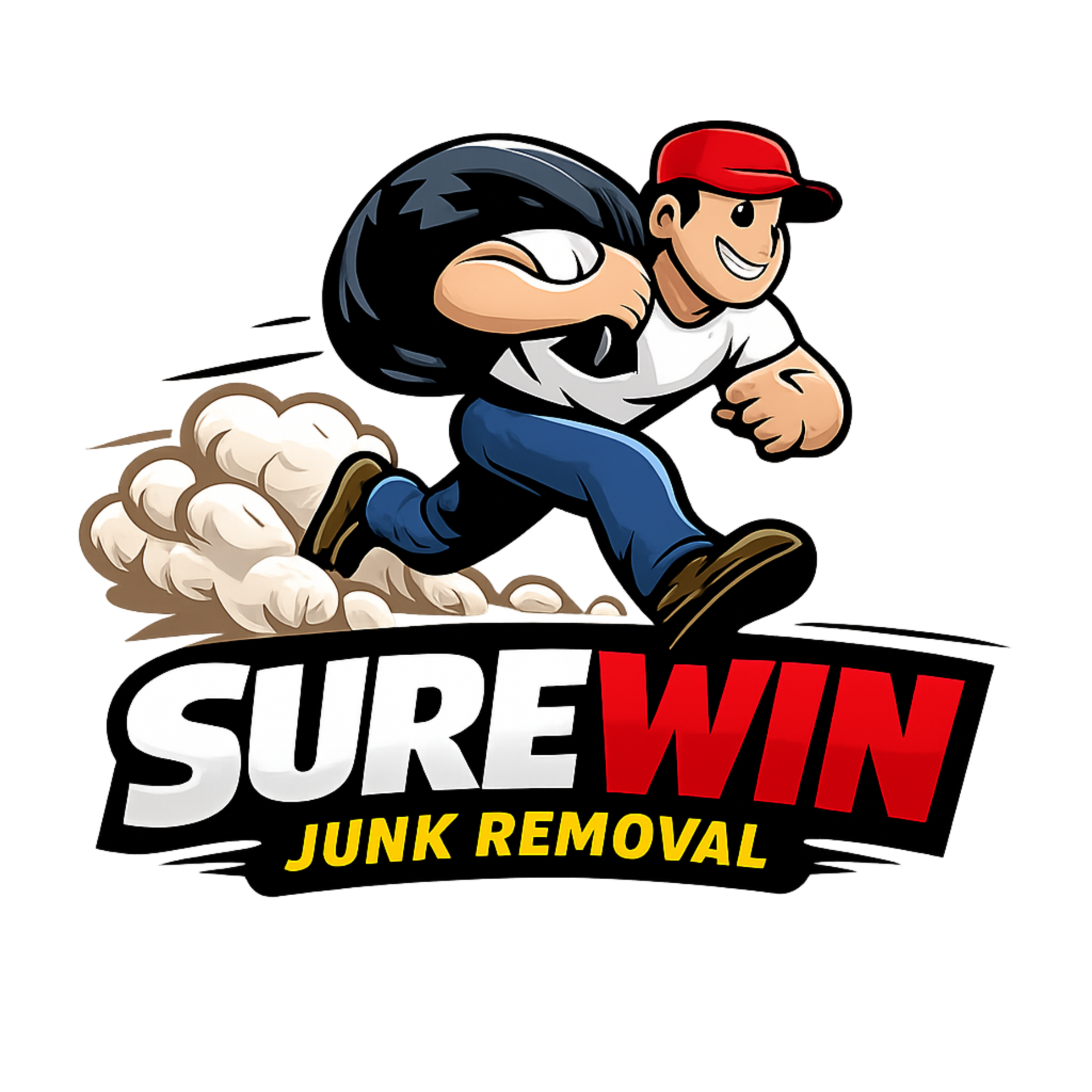 Green garbage truck with logo "Surewin Strong Haulers," next to two black trash bags.