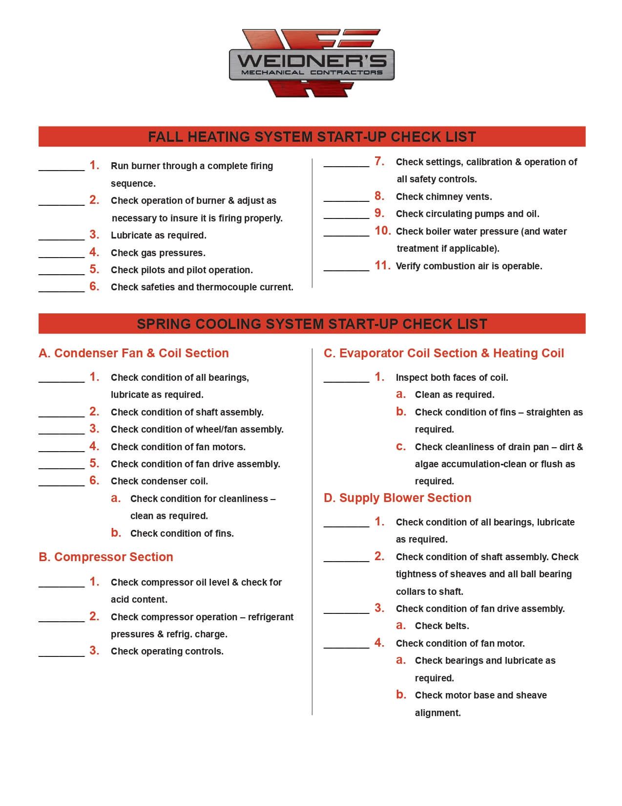 A checklist for fall heating system and spring cooling system startup.