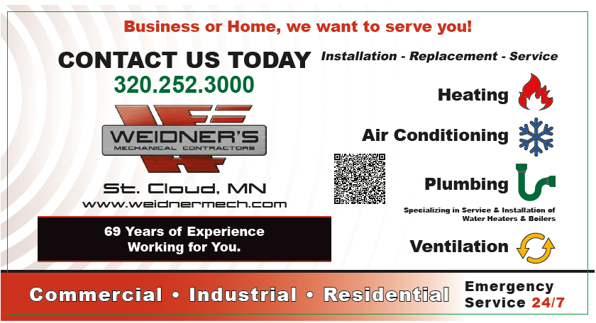 Advertisement for Weidner's Mechanical Contractors. Offers heating, air conditioning, plumbing, and ventilation services. Features phone number and website.