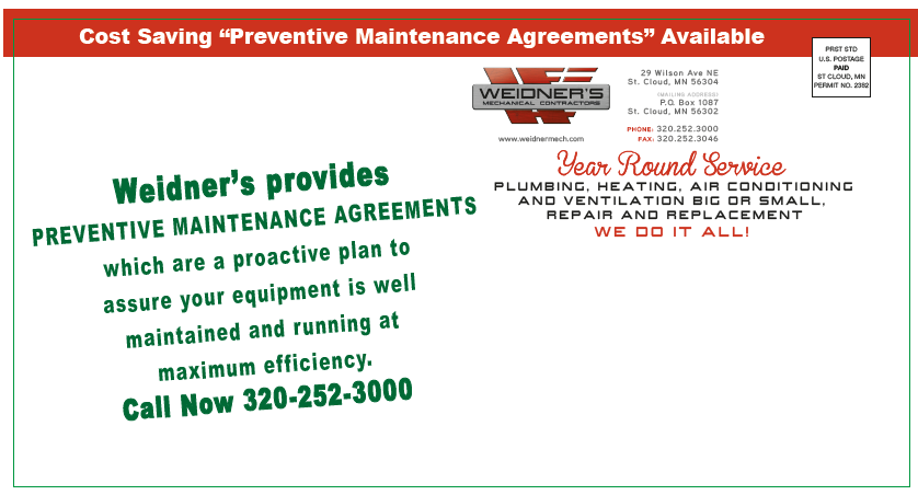 Advertisement for Weldner's preventive maintenance. Green and red text on white background. Phone number provided.