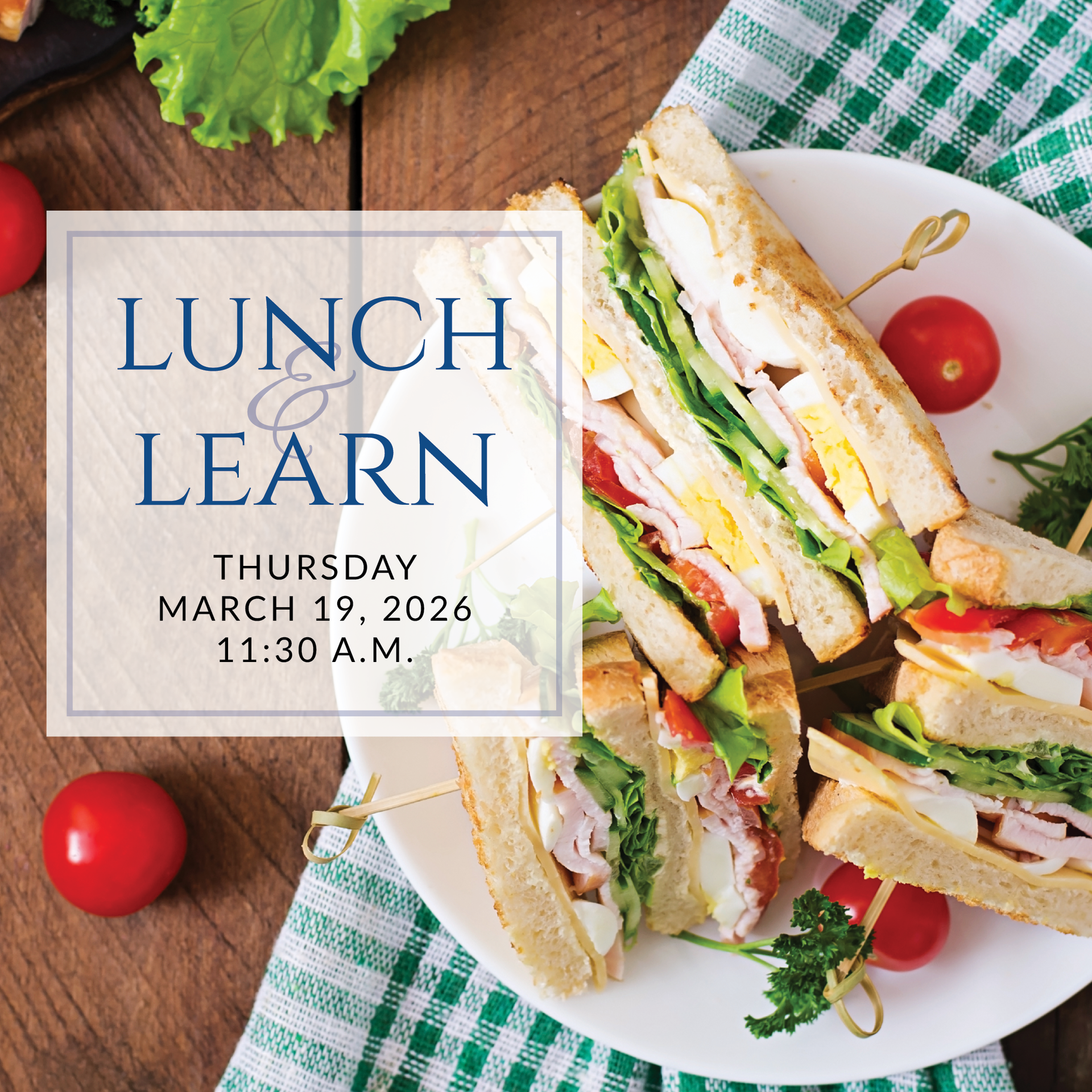 a plate of sandwiches on a table with the words lunch & learn on it