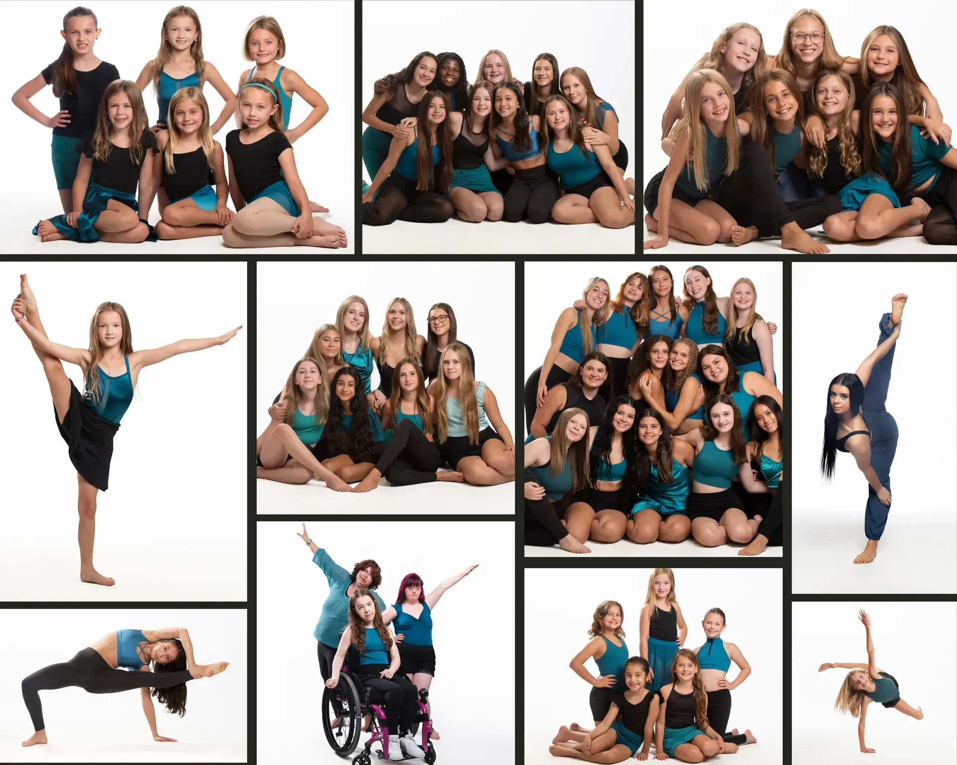 Dancers in teal and black outfits strike poses, in groups and individually, against a white backdrop.