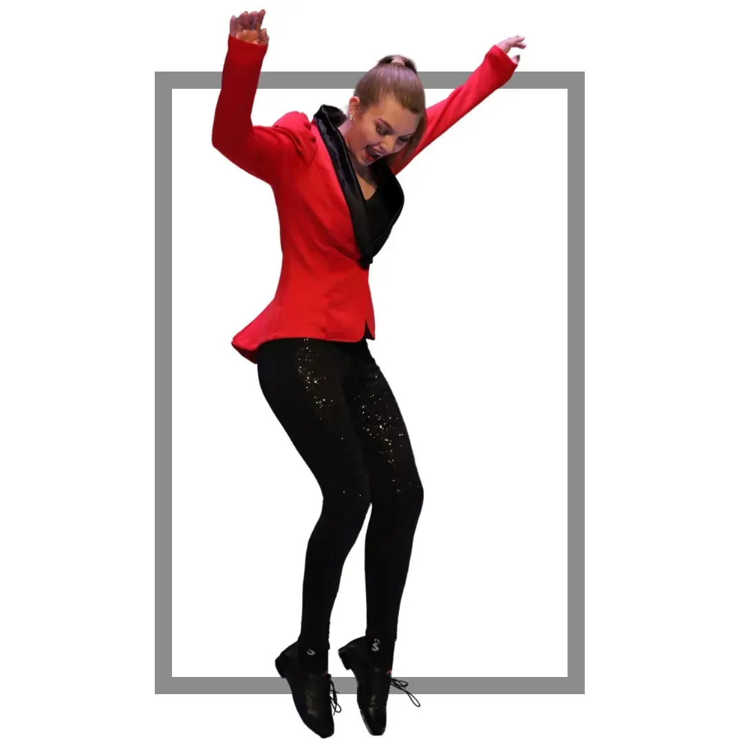 Person in red jacket and black sequined pants, jumping with arms raised, in a gray outlined box.