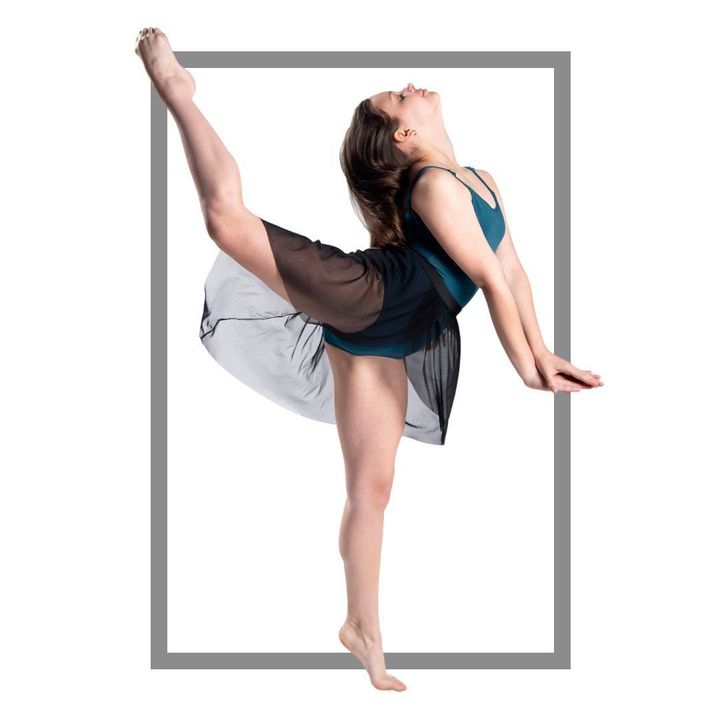 Woman in a teal leotard and black skirt balances in a dance pose with leg extended upward, in a gray frame.