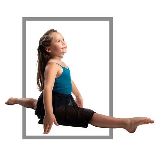 Young girl in teal leotard doing the splits inside a gray rectangular frame, looking upward.