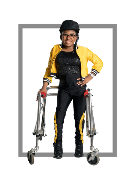 Woman in yellow jacket with walker, smiling, striking a pose against a white background with a gray border.