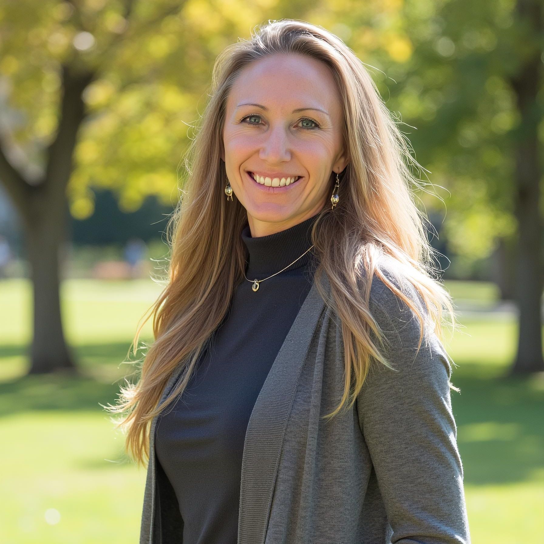 A woman wearing a grey cardigan and a black turtleneck is smiling in a park.