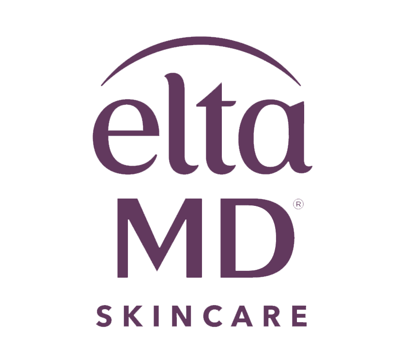The elta md skincare logo is purple and white on a white background.