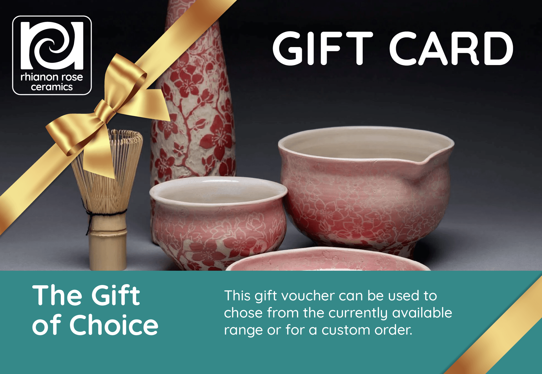 Gift card with pottery items: vases and bowls. Text says 