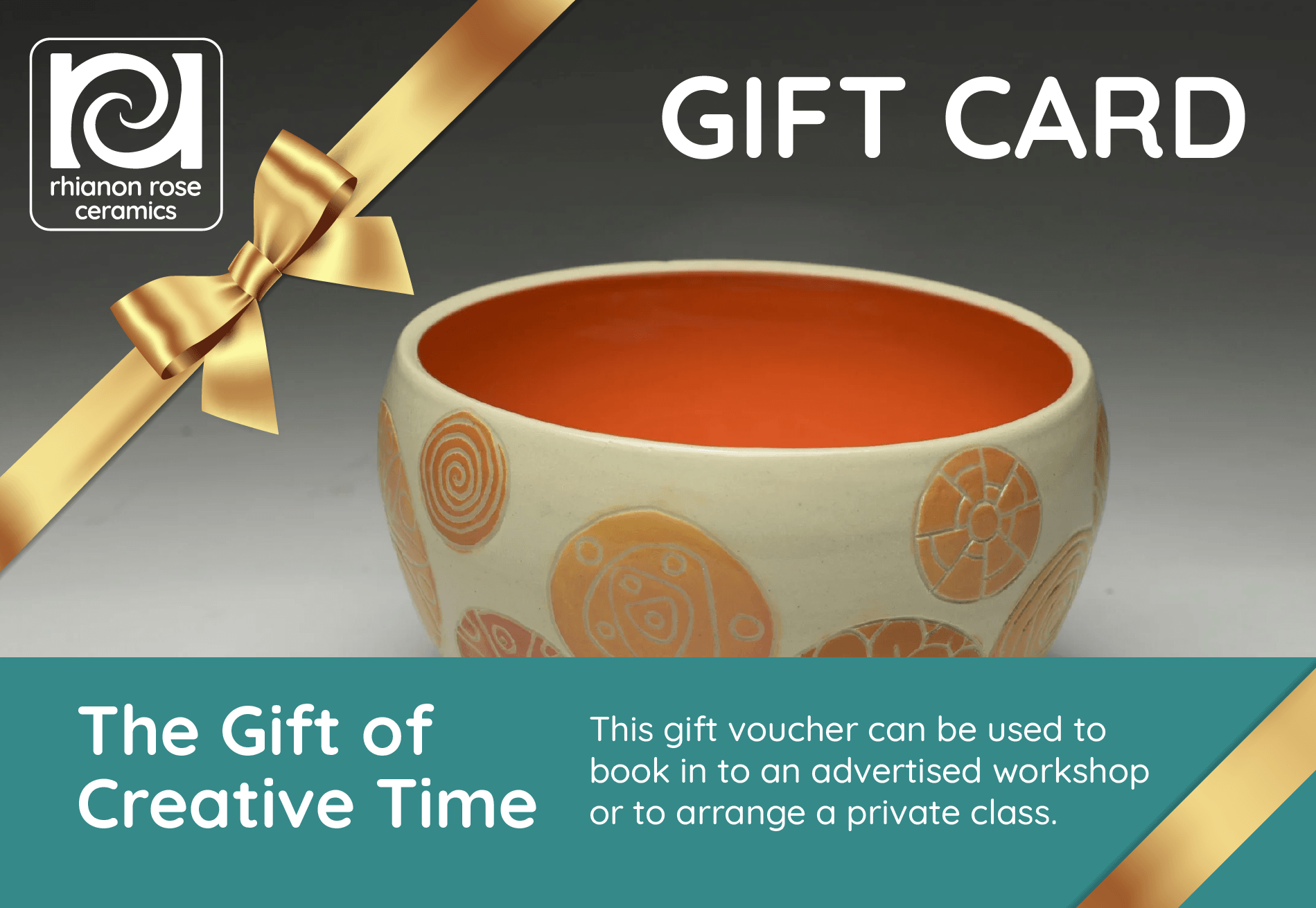 Gift card with a pottery bowl, golden ribbon, and text promoting workshops and classes.