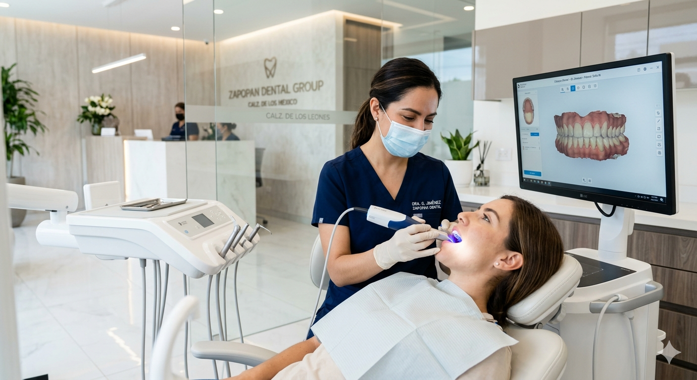 Dentista realizando escaneo digital a una paciente adulta en consultorio moderno