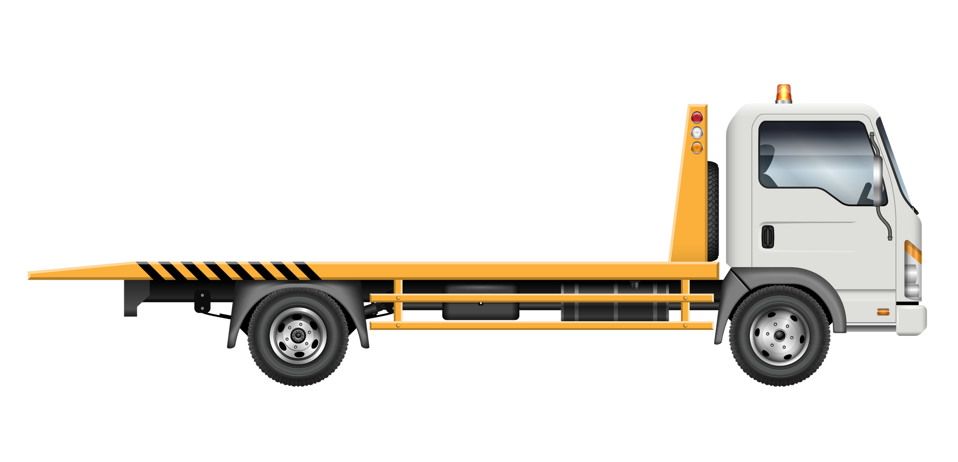 A white and yellow flatbed tow truck.