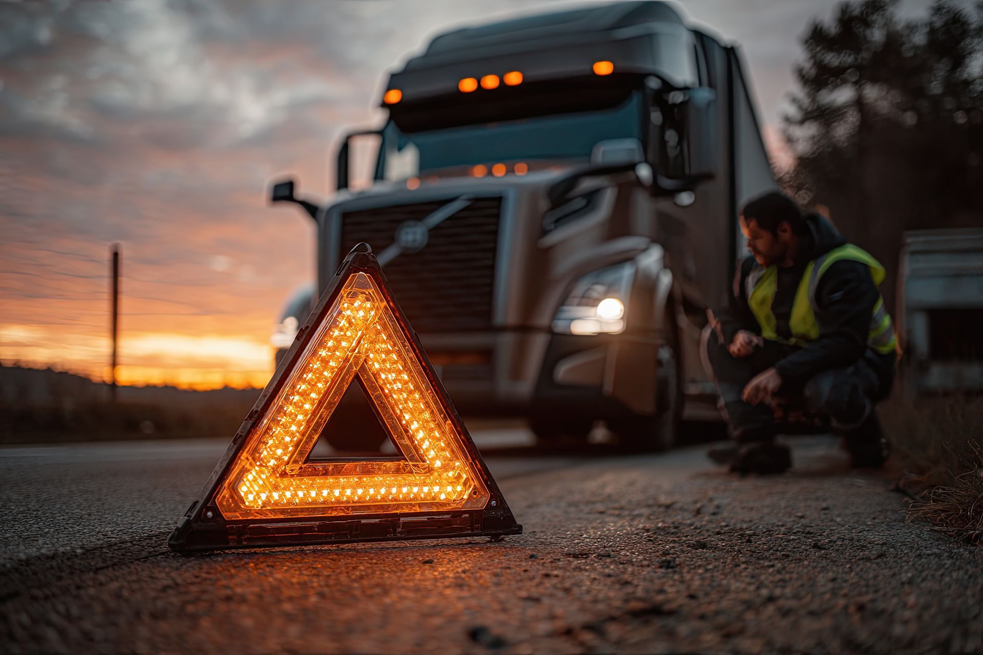 Flashing orange triangle on road, semi-truck broken down, driver kneeling in vest. Sunset. Flashing orange triangle on road, semi-truck broken down, driver kneeling in vest. Sunset.