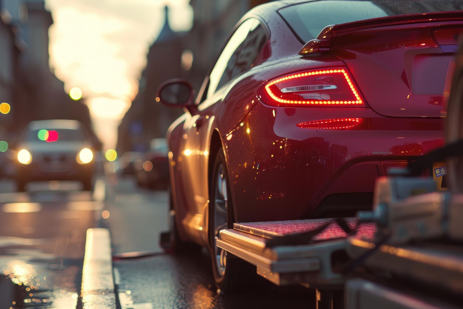 Tow truck operator securing a white car with red straps on a flatbed trailer; outdoors.