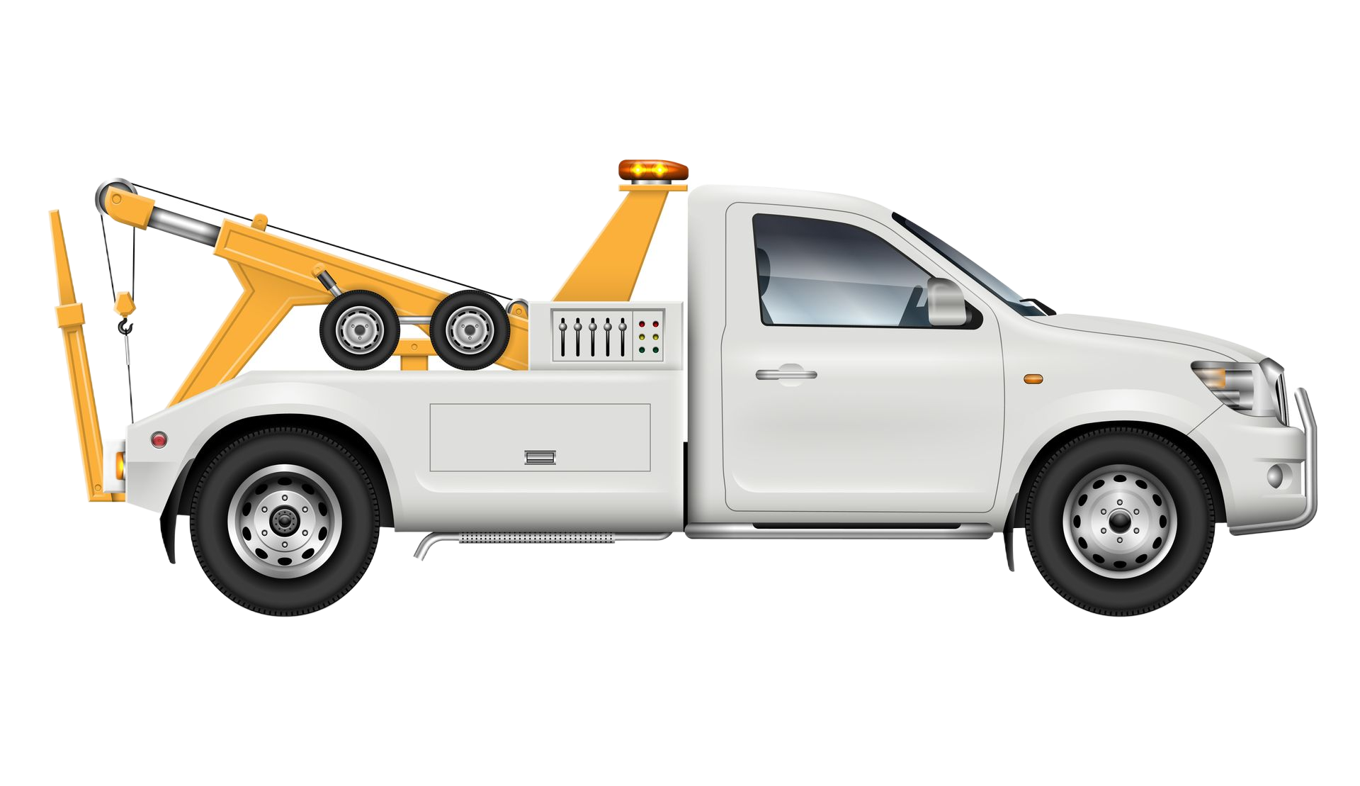 White tow truck with yellow tow apparatus.