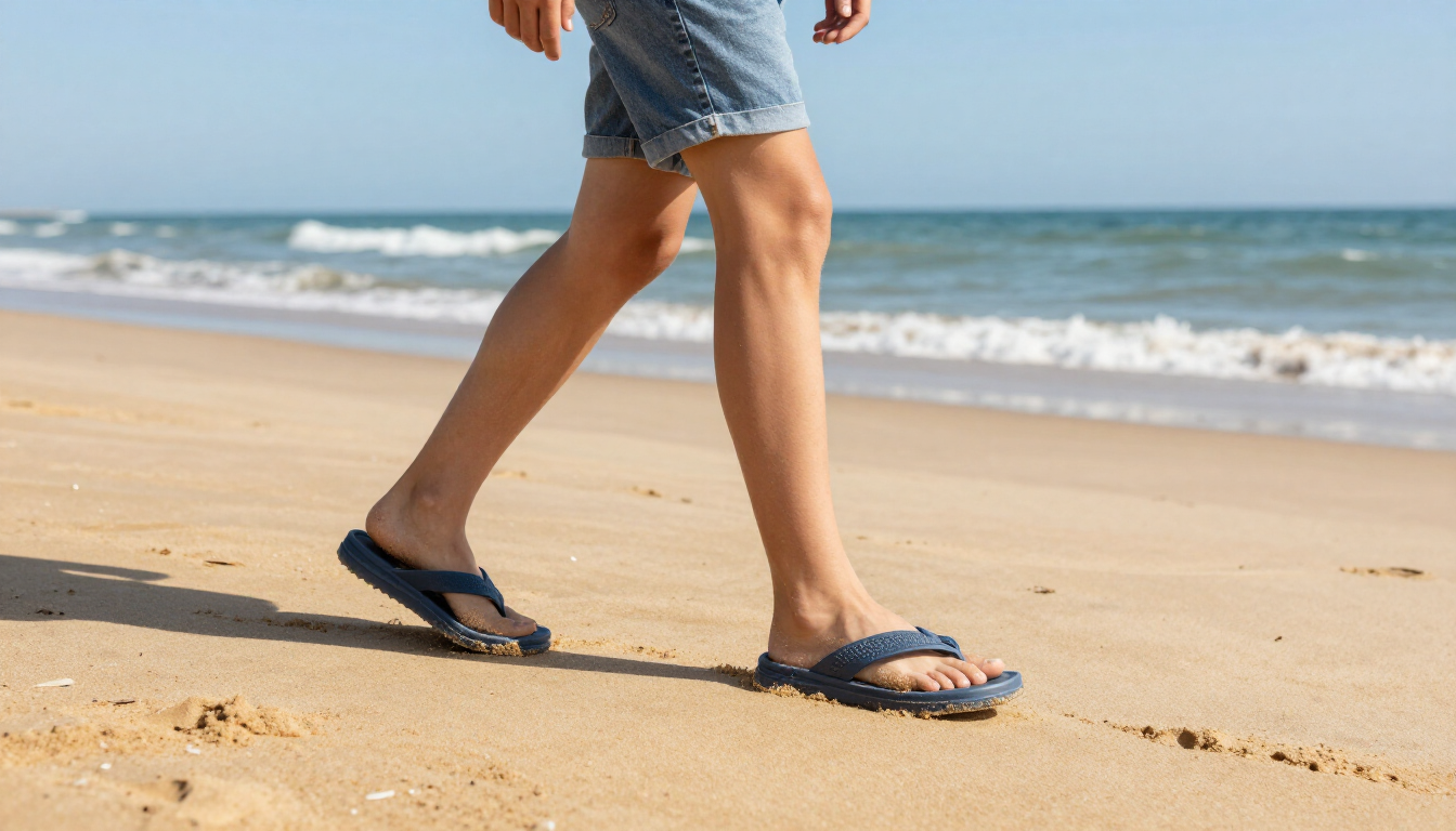 A person walking on a sandy beach with protective summer footwear.