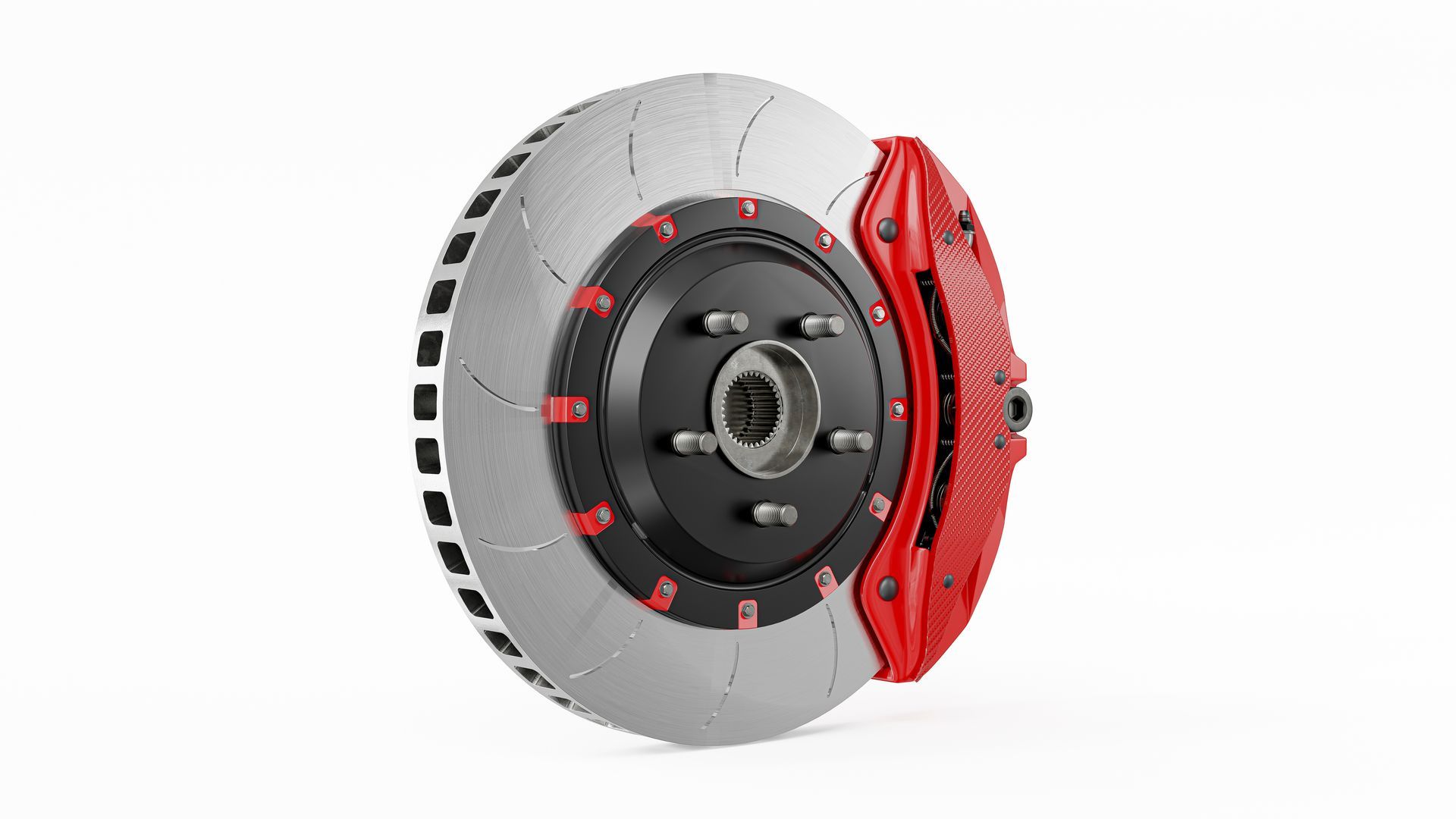Red brake caliper on a drilled, slotted brake rotor.