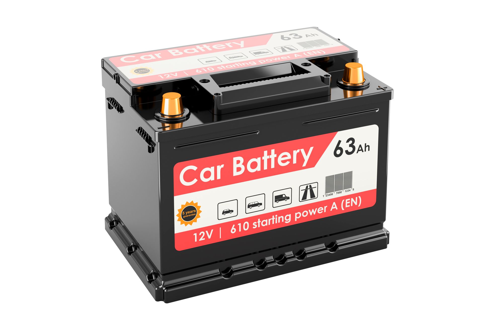 Car battery, black, with red and white label, 63Ah, 12V. Gold terminals.