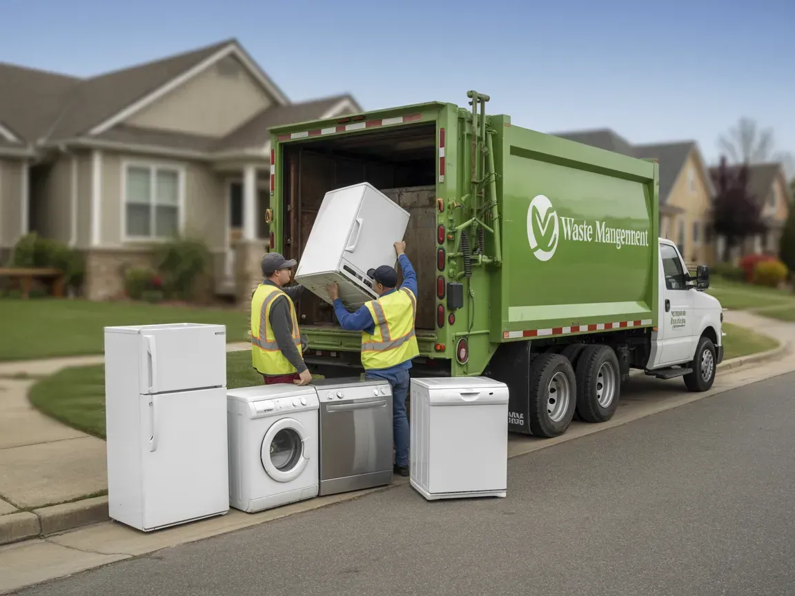 Two workers in high-visibility vests load a large appliance into a green Waste Management truck parked on a suburban street.