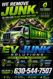Logo for EV Junk Solutions featuring a green dump truck full of debris, a house, and a list of junk removal services.